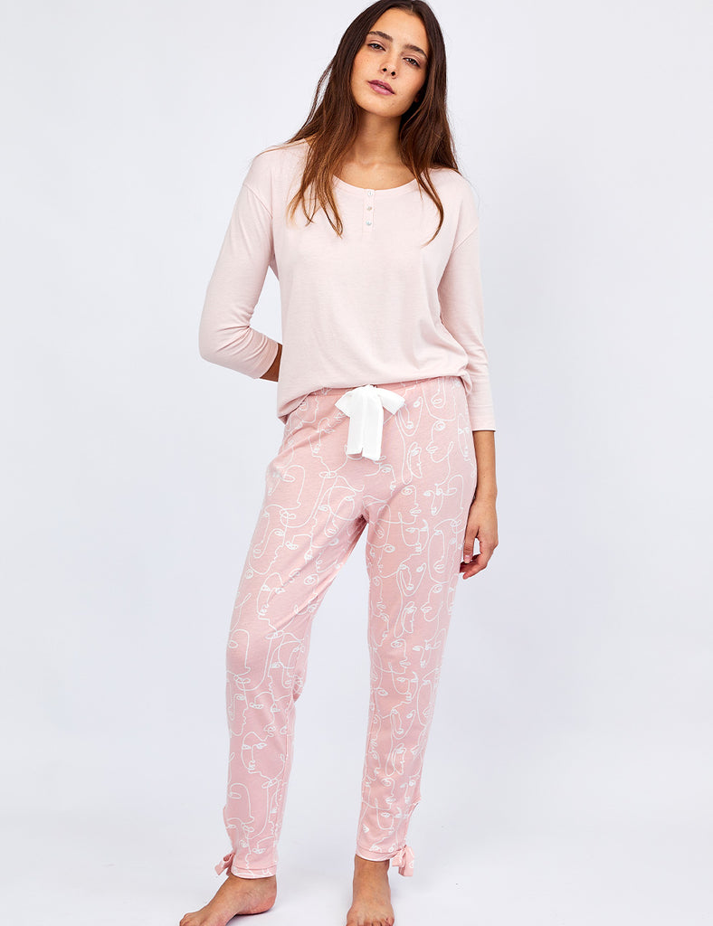 pijamas para mujer algodón otoño pantalón rosado con líneas blancas